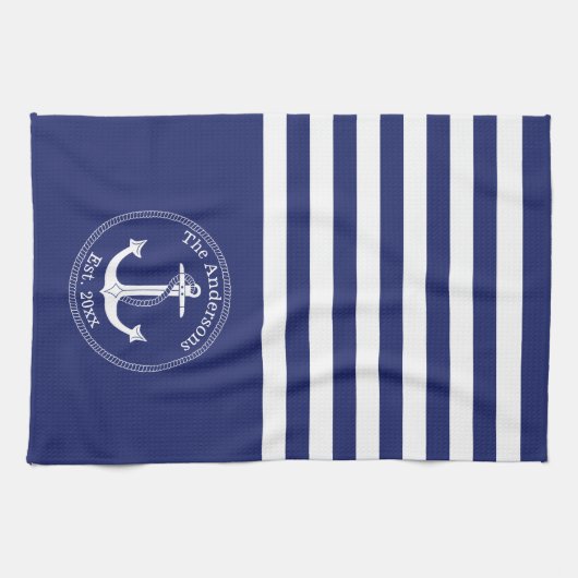 Monogram Nautical Anchor Navy Blue Stripes Family Theedoek (Horizontaal)