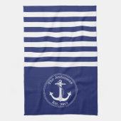 Monogram Nautical Anchor Navy Blue Stripes Family Theedoek (Verticaal)