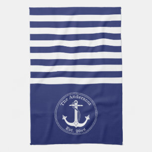 Monogram Nautical Anchor Navy Blue Stripes Family Theedoek