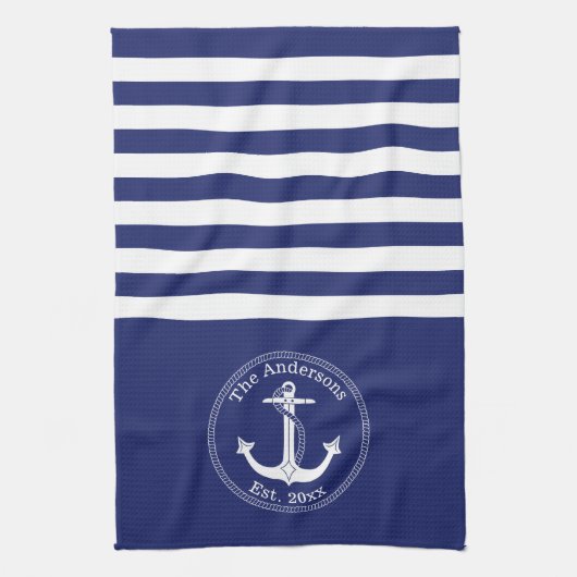 Monogram Nautical Anchor Navy Blue Stripes Family Theedoek (Verticaal)