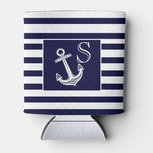 Monogram Nautical Anchor Navy Blue White strepen Blikjeskoeler (Voorkant)