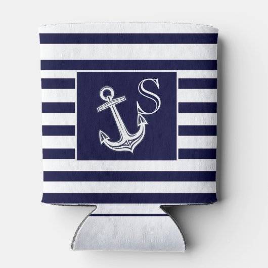 Monogram Nautical Anchor Navy Blue White strepen Blikjeskoeler (Achterkant)