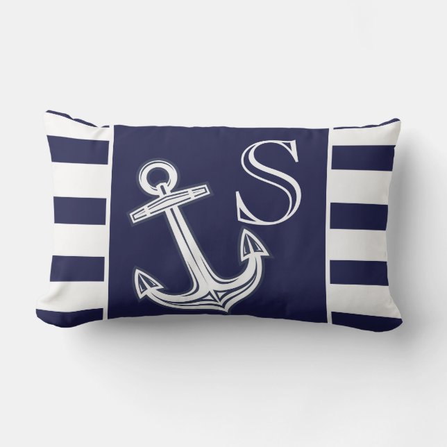 Monogram Nautical Anchor Navy Blue White strepen Buitenkussen (Voorkant)