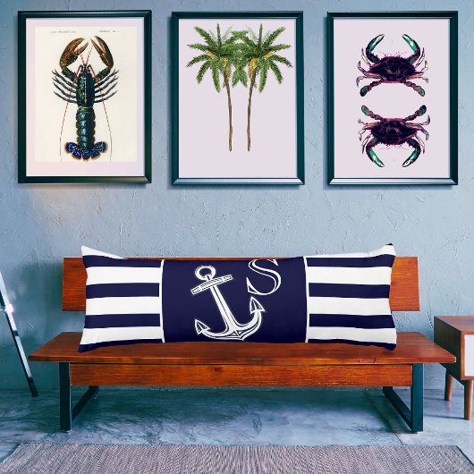 Monogram Nautical Anchor Navy Blue White strepen Lichaamskussen
