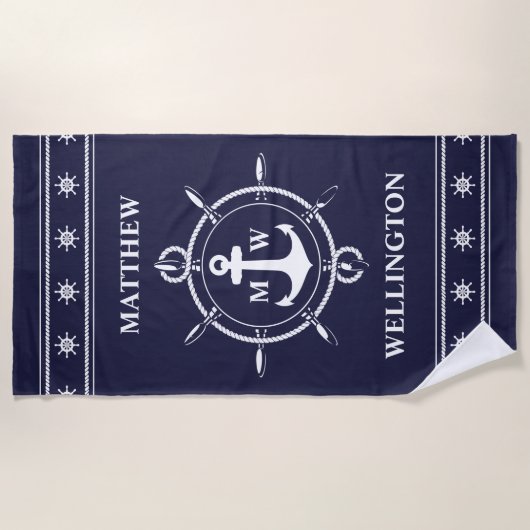 Monogram Nautical Anchor Personalized Beach Towel Strandlaken (Voorkant)