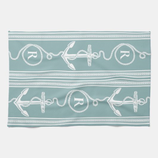 Monogram Nautical Anchor Rope Neutral Turquoise Theedoek (Horizontaal)