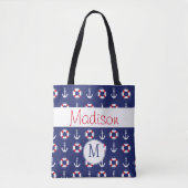 Monogram Nautical Anchors Navy Red Trendy Initiaal Tote Bag (Voorkant)