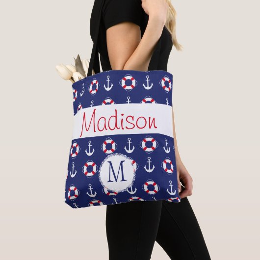 Monogram Nautical Anchors Navy Red Trendy Initiaal Tote Bag (Dichtbij)