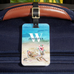 Monogram Nautical Beach & Seashells Bagagelabel