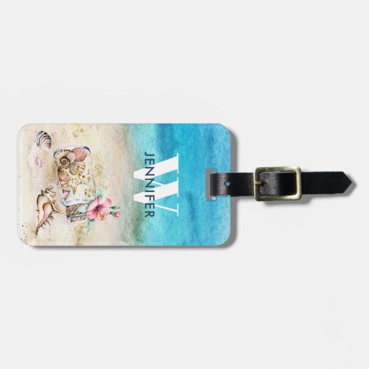 Monogram Nautical Beach & Seashells Bagagelabel (Voorkant horizontaal)