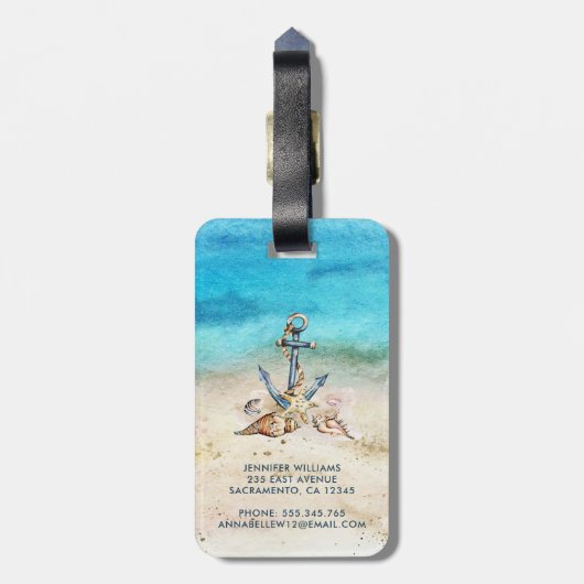 Monogram Nautical Beach & Seashells Bagagelabel (Achterkant verticaal)