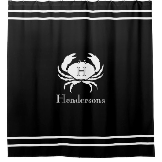 Monogram Nautical Black White Crab Naam Douchegordijn (Voorkant)