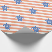 Monogram Nautical Blue Zee Turtle & Coral Stripes Cadeaupapier (Hoek)