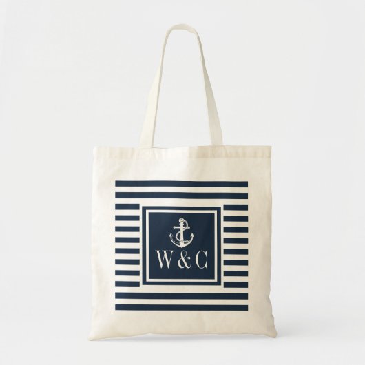 Monogram Nautical Boat Anchor Navy Blue Stripe Tote Bag (Voorkant)