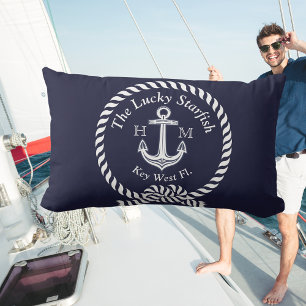 Monogram Nautical Boat Name Anchor Rope Navy Blue Buitenkussen