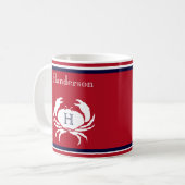 Monogram Nautical Coffee Blue White Crab Koffiemok (Voorkant links)