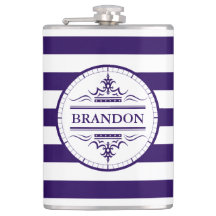 Monogram Nautical Elegant Navy Blue Striped Flask