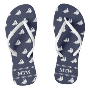 Monogram Nautical Midnight Blue White Sailships Teenslippers