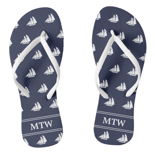 Monogram Nautical Midnight Blue White Sailships Teenslippers (Voetbed)