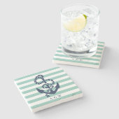 Monogram Nautical Mint Stripe & Navy Anchor Stenen Onderzetter (Zijkant)