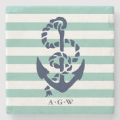 Monogram Nautical Mint Stripe & Navy Anchor Stenen Onderzetter (Voorkant)