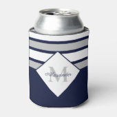 Monogram Nautical Modern Navy Blue Grey Stripes Blikjeskoeler (Blikje Voorkant)