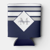 Monogram Nautical Modern Navy Blue Grey Stripes Blikjeskoeler (Voorkant)