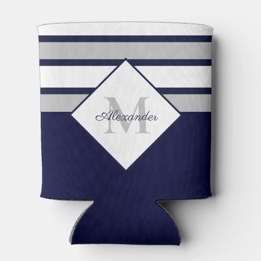Monogram Nautical Modern Navy Blue Grey Stripes Blikjeskoeler (Achterkant)