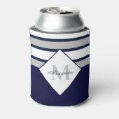 Monogram Nautical Modern Navy Blue Grey Stripes Blikjeskoeler (Blikje Achterkant)