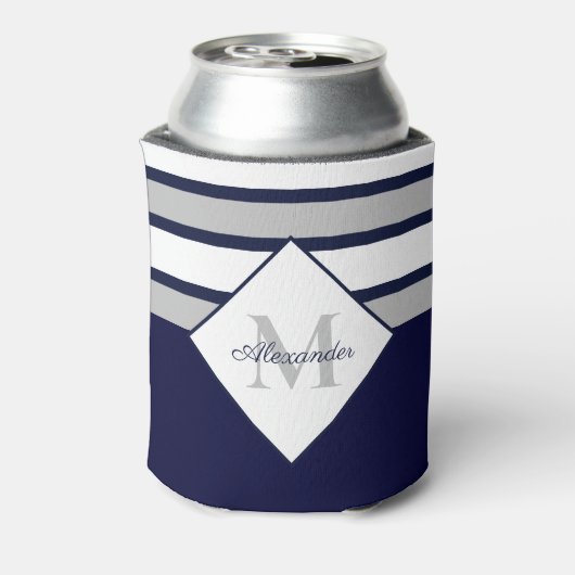 Monogram Nautical Modern Navy Blue Grey Stripes Blikjeskoeler (Blikje Achterkant)