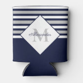 Monogram Nautical Modern Navy Blue Grey Stripes Blikjeskoeler (Voorkant)