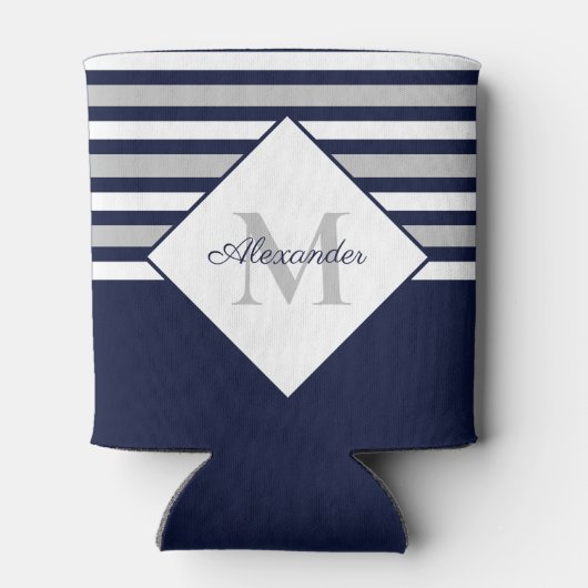 Monogram Nautical Modern Navy Blue Grey Stripes Blikjeskoeler (Achterkant)