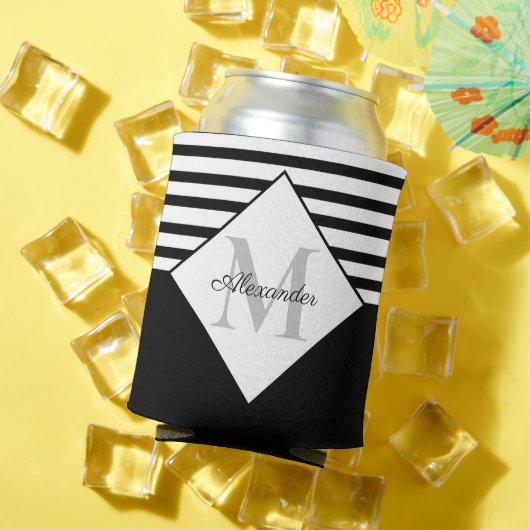 Monogram Nautical Modern Navy Blue Grey Stripes Blikjeskoeler (Insitu Zomer)