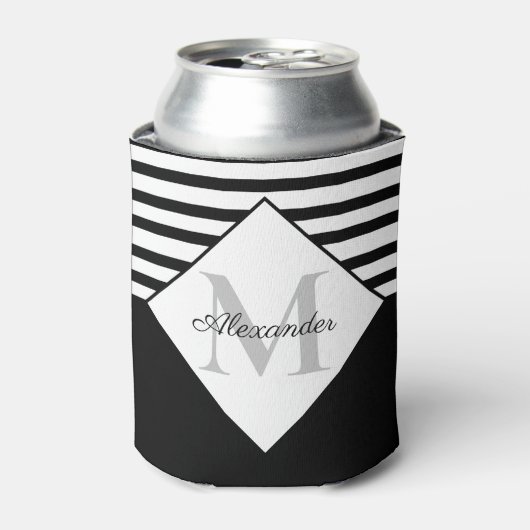 Monogram Nautical Modern Navy Blue Grey Stripes Blikjeskoeler (Blikje Voorkant)