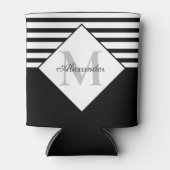 Monogram Nautical Modern Navy Blue Grey Stripes Blikjeskoeler (Voorkant)