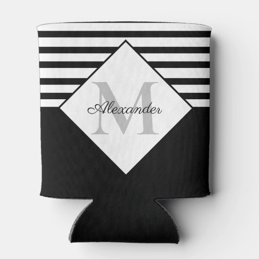 Monogram Nautical Modern Navy Blue Grey Stripes Blikjeskoeler (Achterkant)