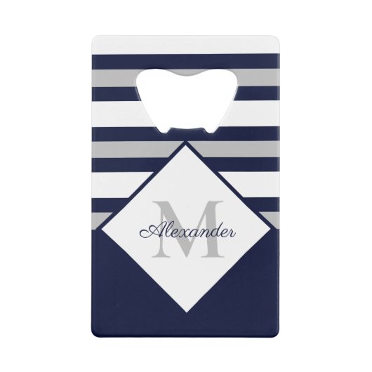 Monogram Nautical Modern Navy Blue Grey Stripes Creditkaart Flessenopener (Voorkant)