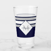 Monogram Nautical Modern Navy Blue Grey Stripes Glas (Achterkant)
