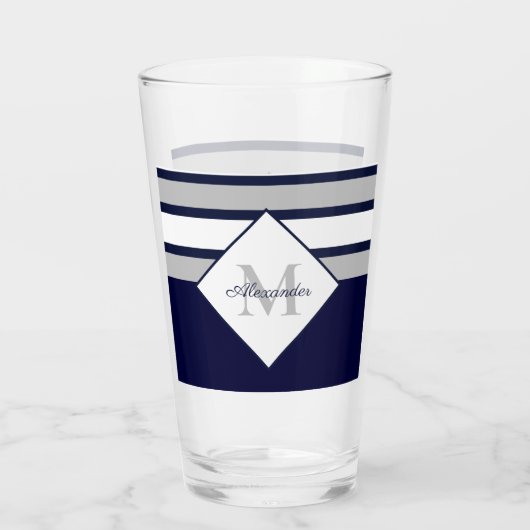 Monogram Nautical Modern Navy Blue Grey Stripes Glas (Achterkant)