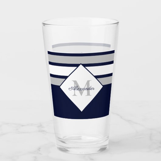 Monogram Nautical Modern Navy Blue Grey Stripes Glas (Voorkant)