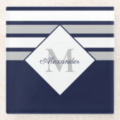 Monogram Nautical Modern Navy Blue Grey Stripes Glazen Onderzetter (Voorkant)