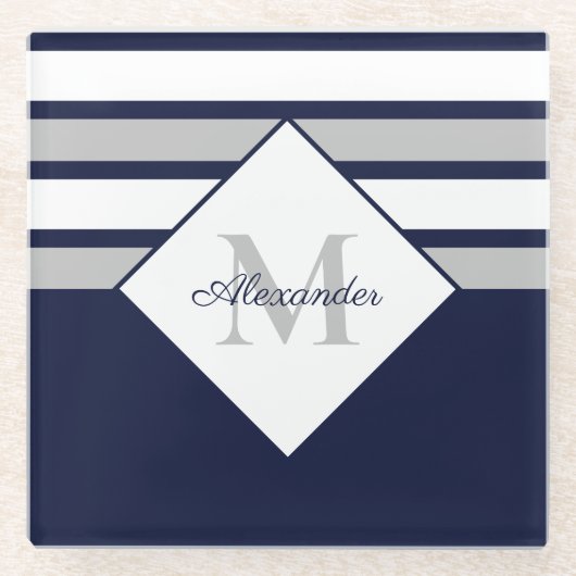 Monogram Nautical Modern Navy Blue Grey Stripes Glazen Onderzetter (Voorkant)