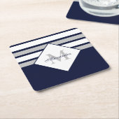 Monogram Nautical Modern Navy Blue Grey Stripes Kartonnen Onderzetters (Schuin)