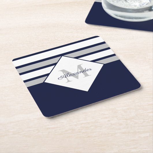 Monogram Nautical Modern Navy Blue Grey Stripes Kartonnen Onderzetters (Schuin)