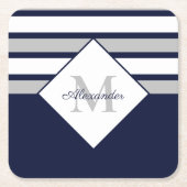 Monogram Nautical Modern Navy Blue Grey Stripes Kartonnen Onderzetters (Voorkant)