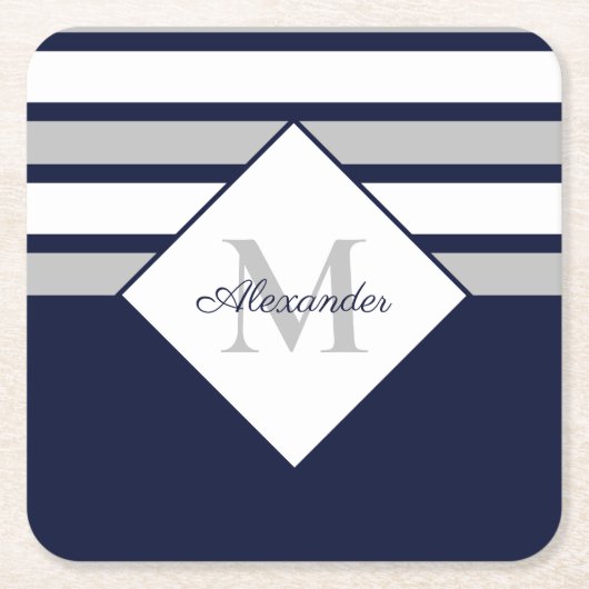 Monogram Nautical Modern Navy Blue Grey Stripes Kartonnen Onderzetters (Voorkant)
