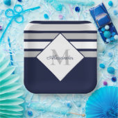 Monogram Nautical Modern Navy Blue Grey Stripes Papieren Bordje (Feest)