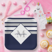 Monogram Nautical Modern Navy Blue Grey Stripes Papieren Bordje (Feest)