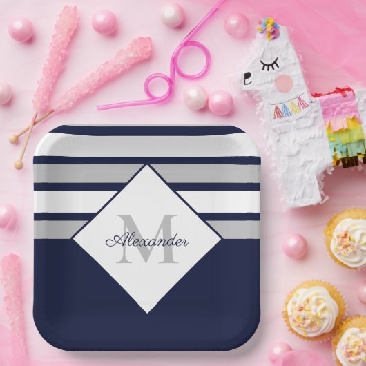 Monogram Nautical Modern Navy Blue Grey Stripes Papieren Bordje (Feest)