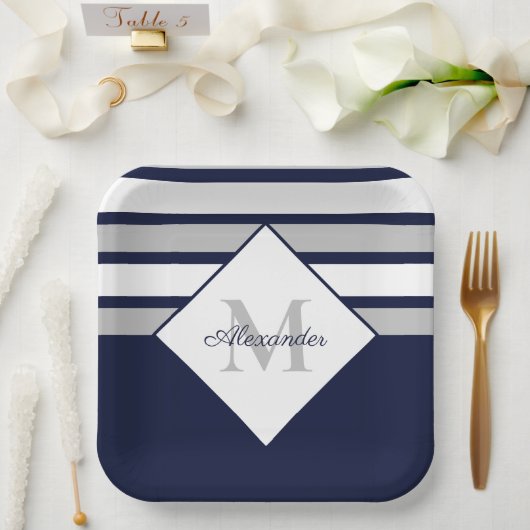 Monogram Nautical Modern Navy Blue Grey Stripes Papieren Bordje (Huwelijk)